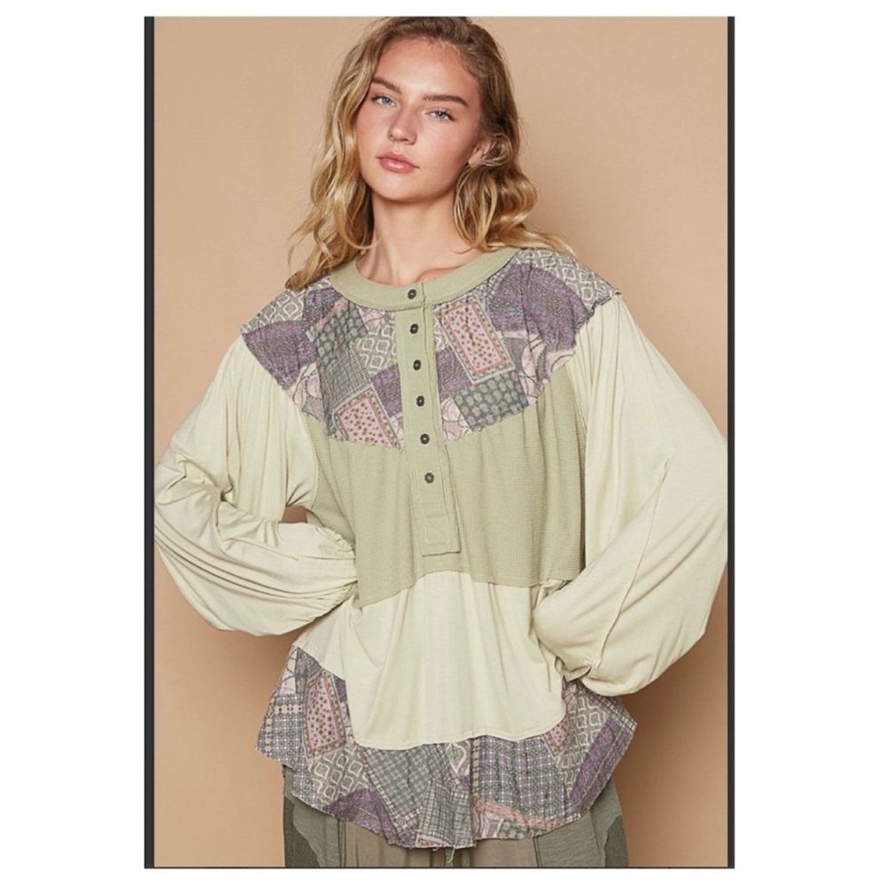 POL Women's Patchwork Button Down Shirt in Green - Picture 2 of 6
